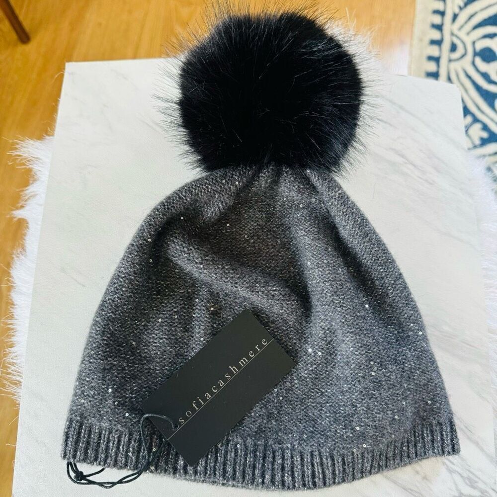 Sofia Cashmere Sequin 100% Cashmere Beanie with Faux Fur Pompom Gray/Black,‎ NWT